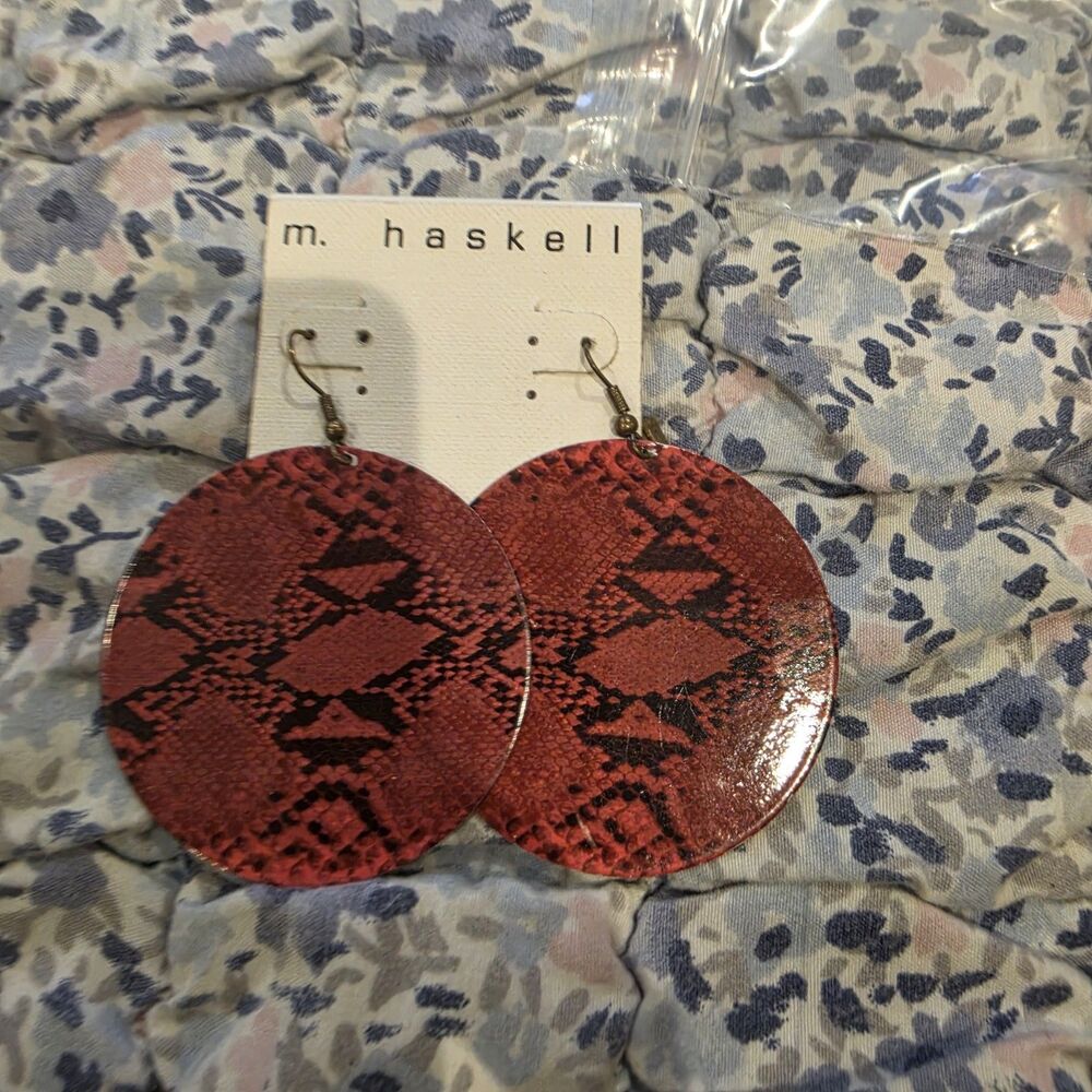 ​M. Haskell Red Snakeskin Print Round Disc Drop Statement Earrings Vintage Style